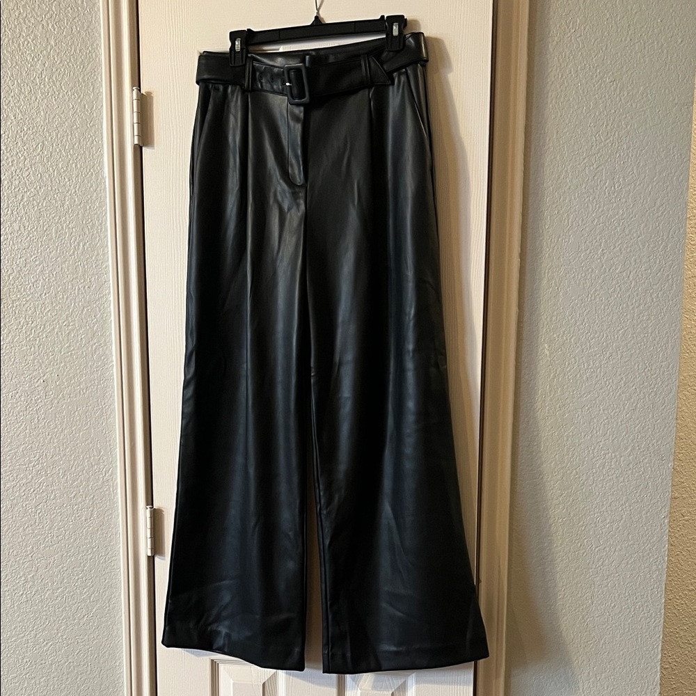 LOFT Faux Leather Black Wide-Leg Pants with Belt
